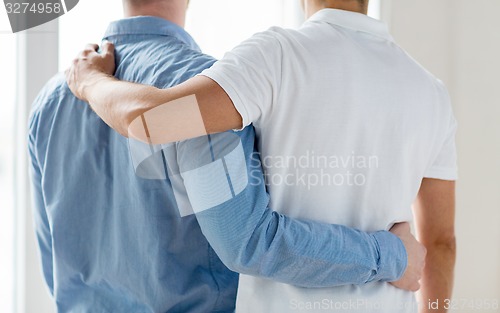 Image of close up of happy male gay couple hugging