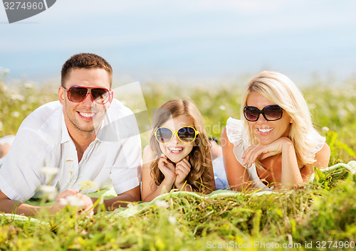Image of happy family with blue sky and green grass