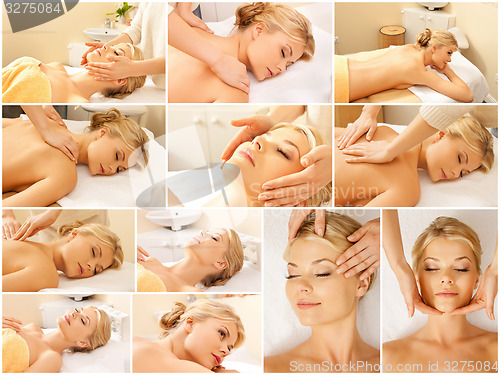 Image of woman having facial or body massage in spa salon