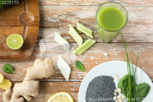 Image of close up of super food ingredients on wooden table