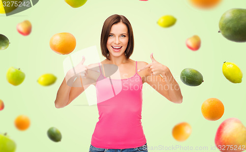 Image of woman in blank pink tank top pointing fingers