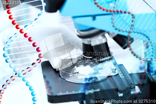 Image of close up of hand with microscope and powder sample