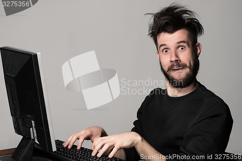 Image of Funny and crazy man using a computer