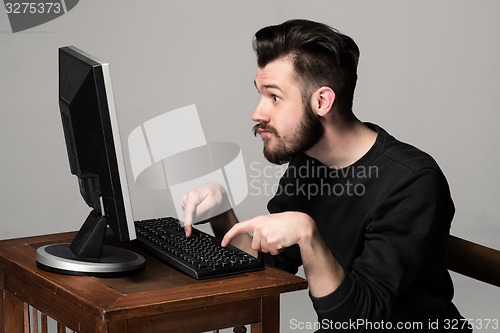 Image of Funny and crazy man using a computer