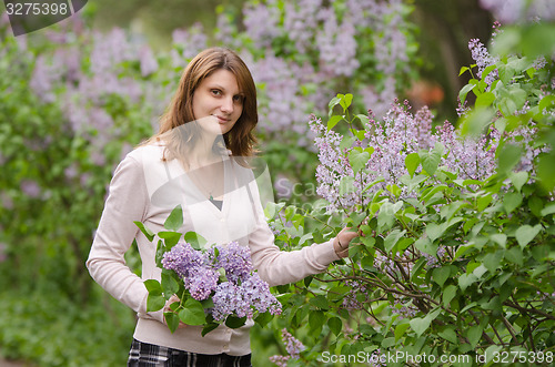 Image of young girl breaks lilac flowers