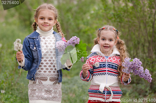 Image of Two girls with dandelions and lilacs