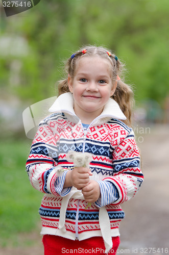 Image of Portrait girl with a bouquet white dandelions in the hands of