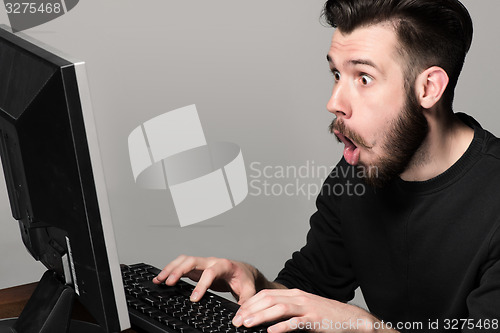 Image of Funny and crazy man using a computer