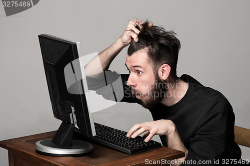 Image of Funny and crazy man using a computer