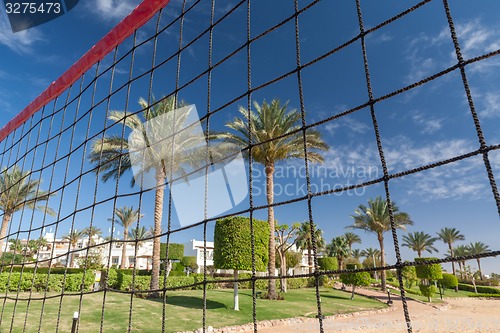 Image of volleyball net on a background blue sky 