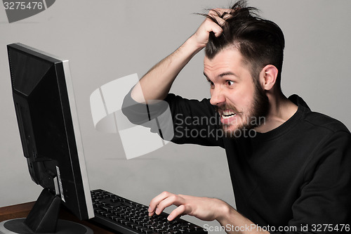 Image of Funny and crazy man using a computer