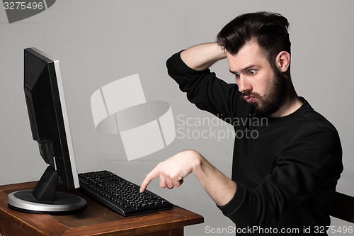 Image of Funny and crazy man using a computer