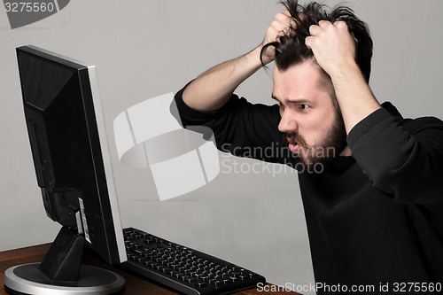 Image of Funny and crazy man using a computer