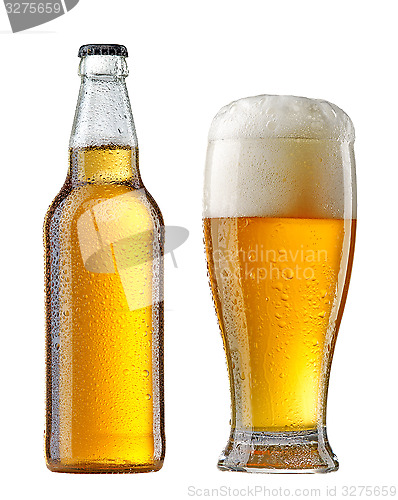 Image of wet beer bottle and glass