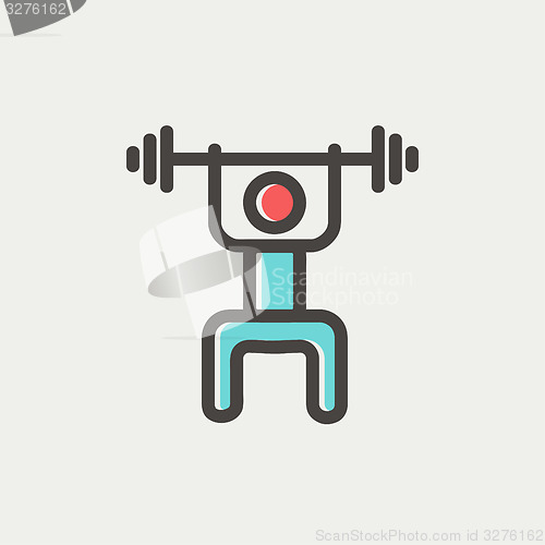 Image of Weightlifter man with barbell thin line icon
