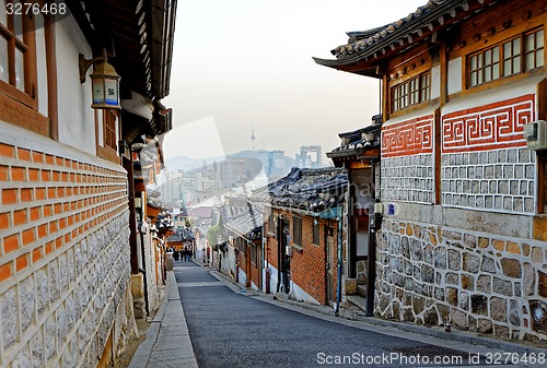 Image of Bukchon Hanok historic district in Seoul at sunset