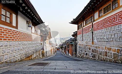 Image of Bukchon Hanok historic district in Seoul at sunset