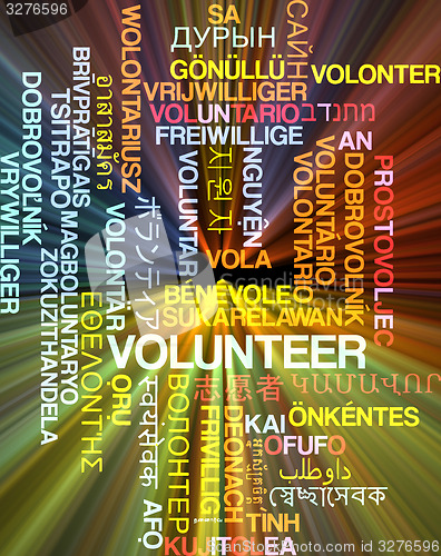 Image of Volunteer multilanguage wordcloud background concept glowing