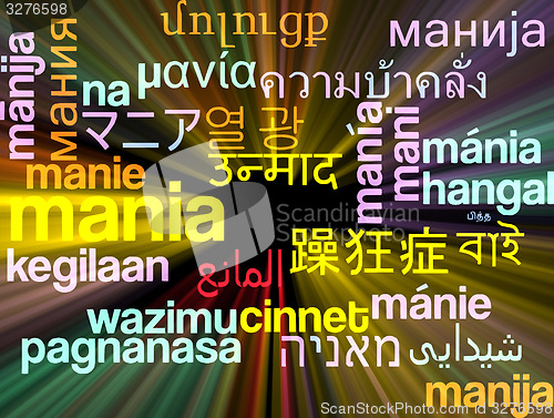 Image of Mania multilanguage wordcloud background concept glowing