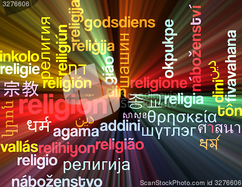 Image of Religion multilanguage wordcloud background concept glowing