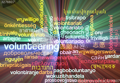 Image of Volunteering multilanguage wordcloud background concept glowing