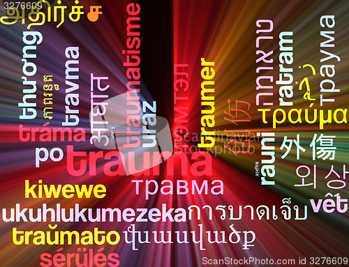 Image of Trauma multilanguage wordcloud background concept glowing
