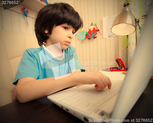 Image of distance learning, a boy with computer
