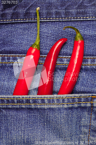 Image of hot chili peppers in a jeans pocket