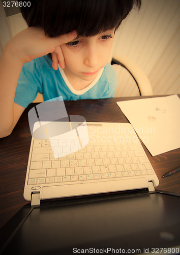 Image of distance learning, a boy with computer