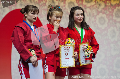 Image of T. Osoianu, E. Bondareva, L. Abbasova on podium