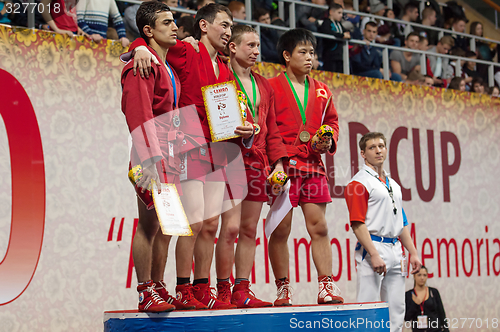 Image of Umbaev N., Kanzhanov B., Klyukin A., Yamamoto K. on podium