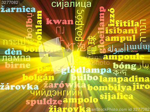 Image of Bulb multilanguage wordcloud background concept glowing