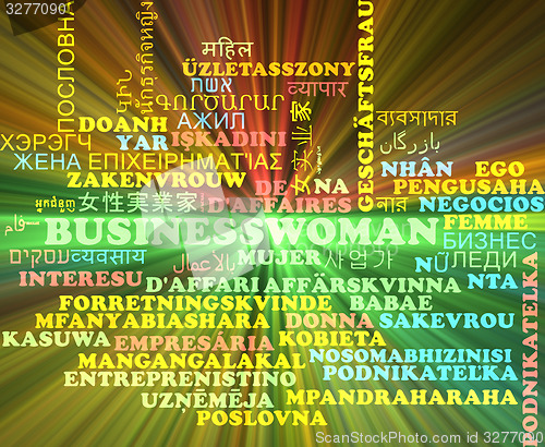 Image of Businesswoman multilanguage wordcloud background concept glowing