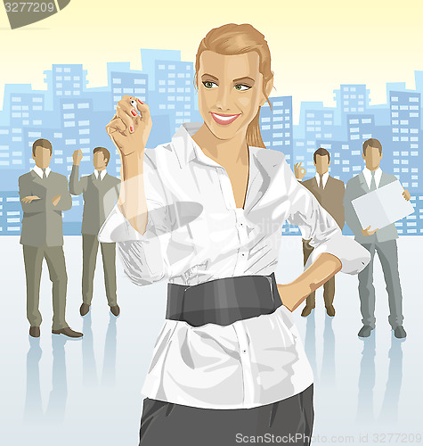 Image of Vector businesswoman and silhouettes of business people