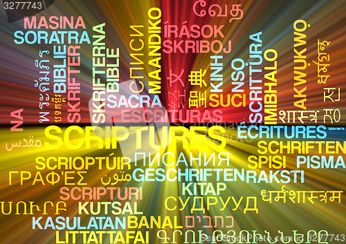 Image of Scriptures multilanguage wordcloud background concept glowing