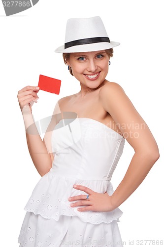 Image of Summer woman showing credit card with copy space
