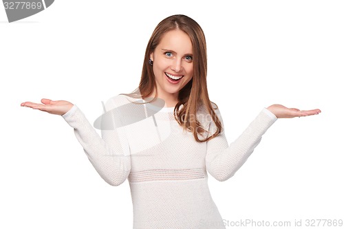 Image of Surprised woman showing open hand palm