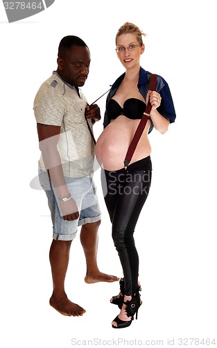 Image of Pregnant women with suspender and black man.