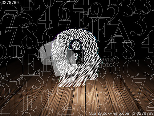 Image of Data concept: Head With Padlock in grunge dark room