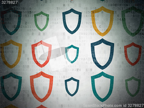 Image of Protection concept: Contoured Shield icons on Digital Paper background