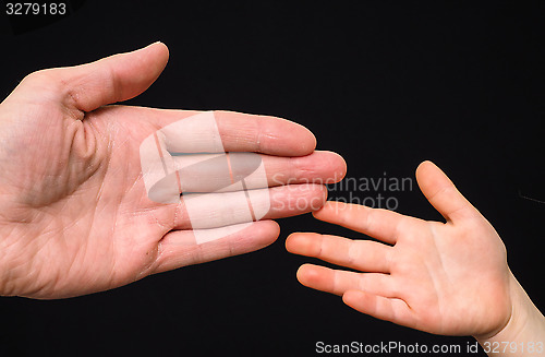 Image of Closeup of small and big caucasian hand palms touching isolated 