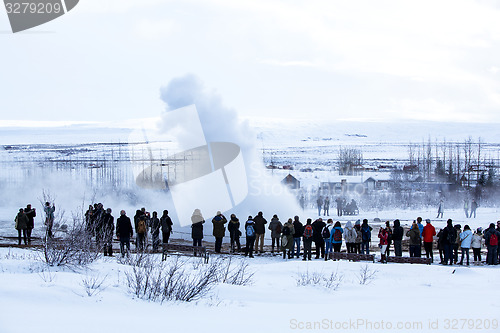 Image of Visitors at the geyser erruption of Strokkur, Iceland