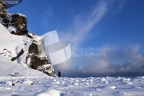 Image of Snowy mountain landscape in Reynisfjara, South Iceland