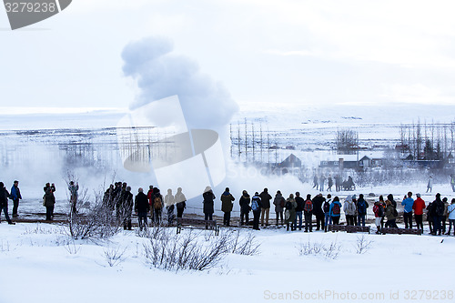 Image of Visitors at the geyser erruption of Strokkur, Iceland