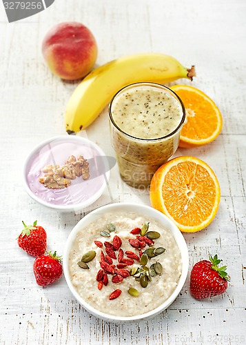 Image of Healthy breakfast ingredients, top view