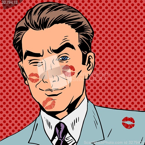 Image of Traces of a kiss on the man face pop art retro