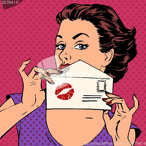 Image of girl with envelope for letter and kiss lipstick pop art 