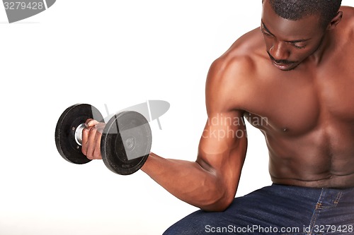 Image of Strong and muscular guy with dumbbell isolated on white background