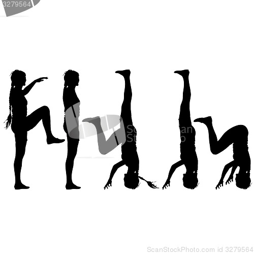 Image of Black silhouette  woman in yoga pose on white background. 