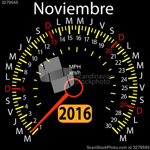 Image of 2016 year calendar speedometer car in Spanish, November. 